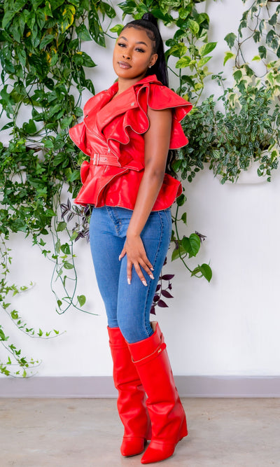 Going Live Sleeveless Vegan Leather Ruffle Jacket - Red - Cutely Covered