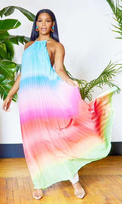 Ombre  Pleated Halter Dress | Maxi Dress - Blue - Cutely Covered