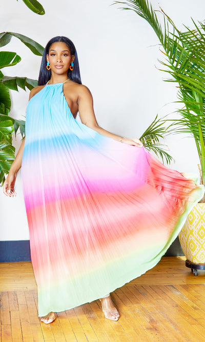 Ombre  Pleated Halter Dress | Maxi Dress - Blue - Cutely Covered