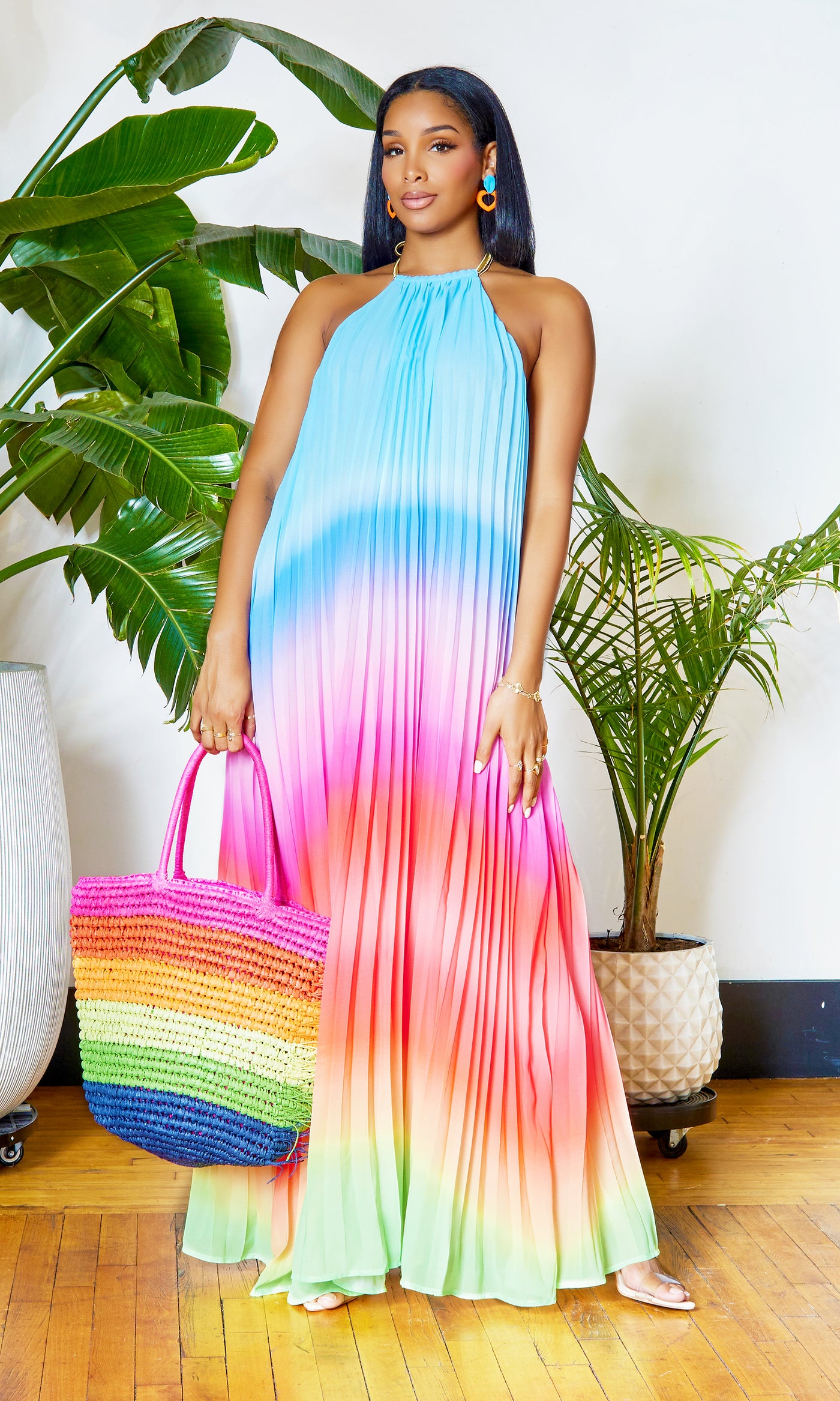 Ombre  Pleated Halter Dress | Maxi Dress - Blue - Cutely Covered