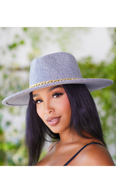 Gray Fedora Hat With Chain