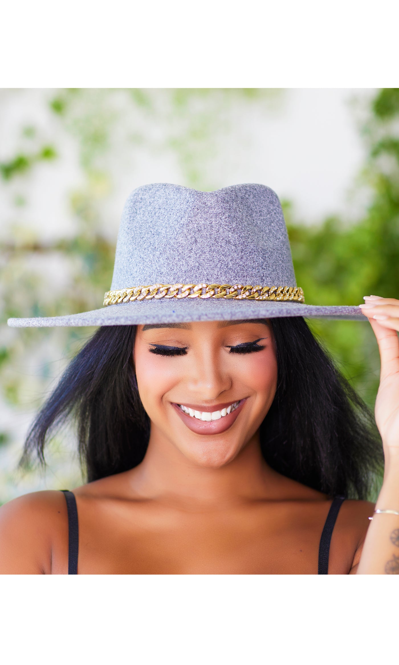 Gray Fedora Hat With Chain