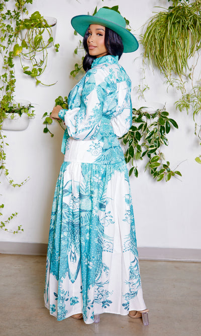 Bird Print Belted Maxi Dress - Cutely Covered