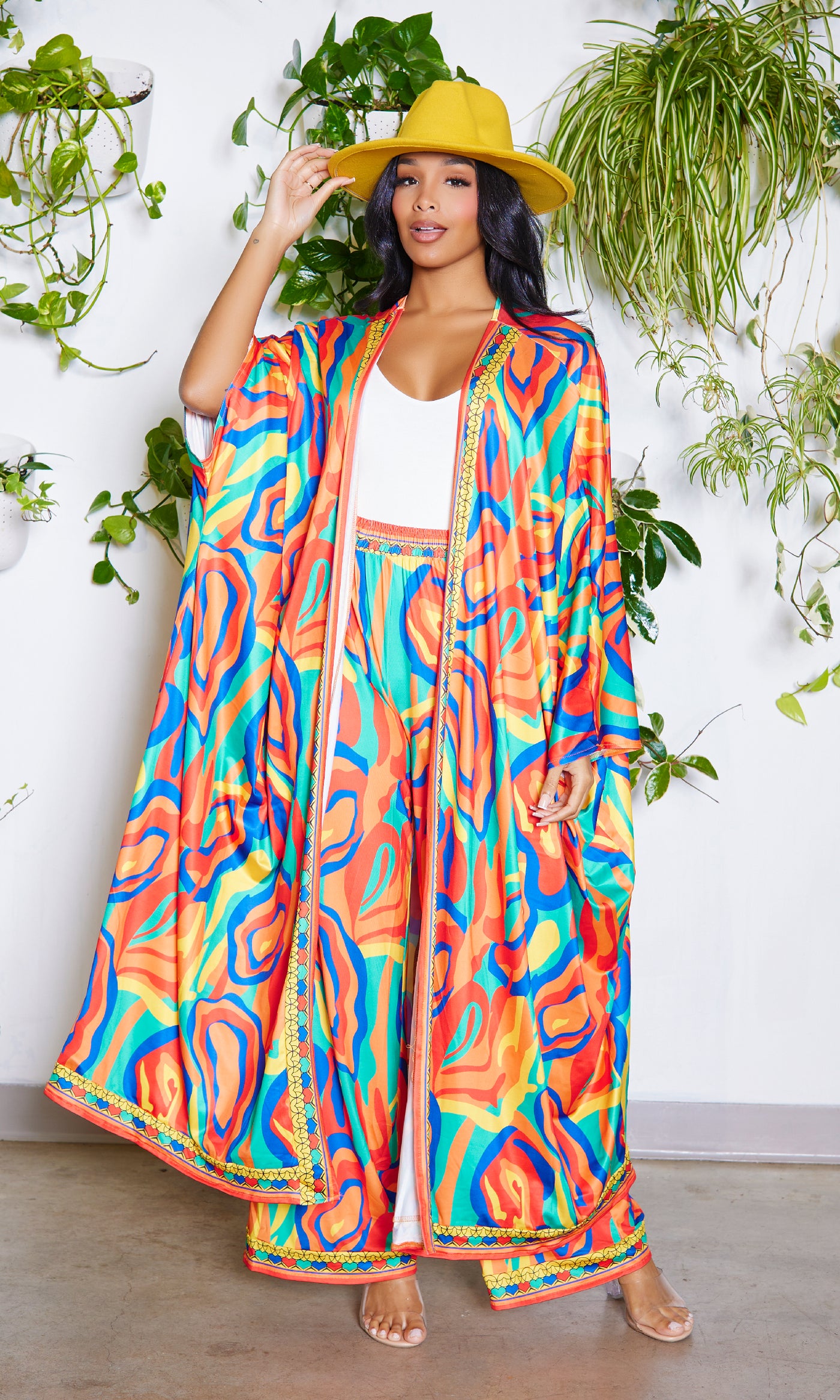 Capri | Kimono Long Pants Set - Yellow Print - Cutely Covered