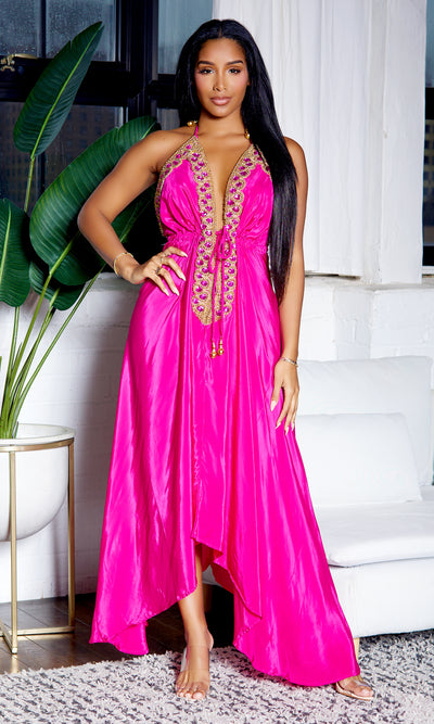 Beaded Flowy Dress - Fuchsia - Cutely Covered