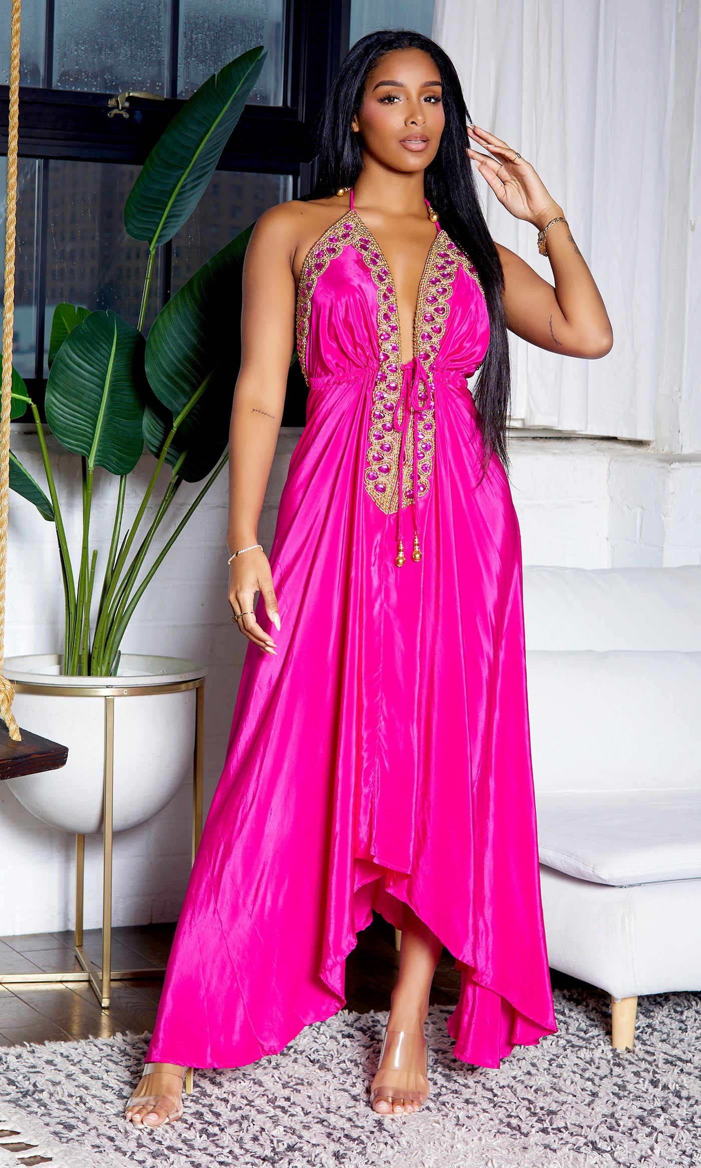 Beaded Flowy Dress - Fuchsia - Cutely Covered