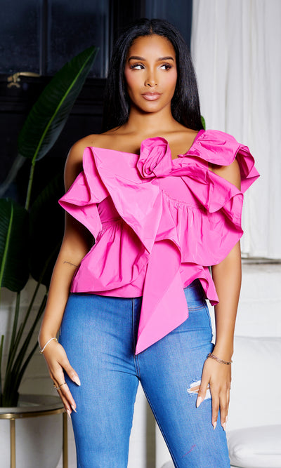 Ruffled One shoulder Top - Fuchsia - Cutely Covered