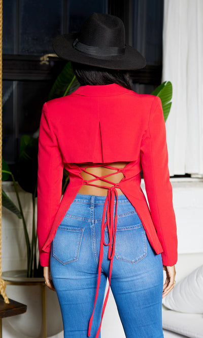 Fitted Lace Up Blazer - Red - Cutely Covered