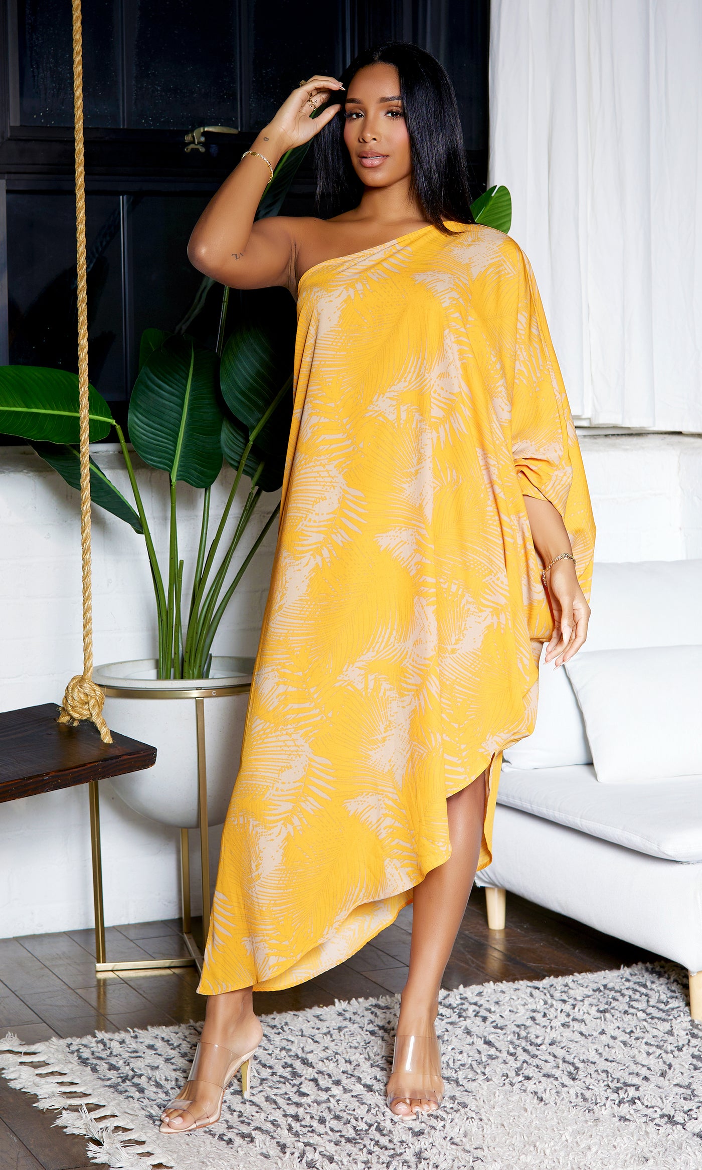 Asymmetrical One Sleeve Dress - Orange Print - Cutely Covered