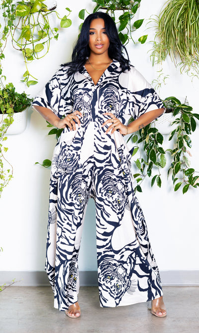 I'm Grown Classy Jumpsuit - Black and White Printed - Cutely Covered