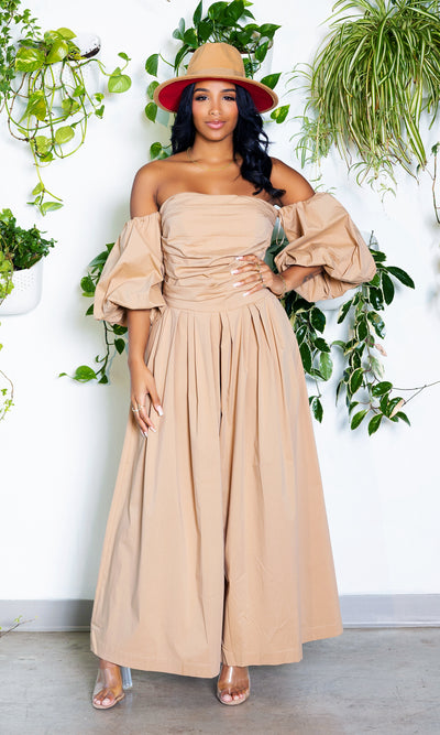 Wide Leg Off The Shoulder Jumpsuit | Tan - Cutely Covered