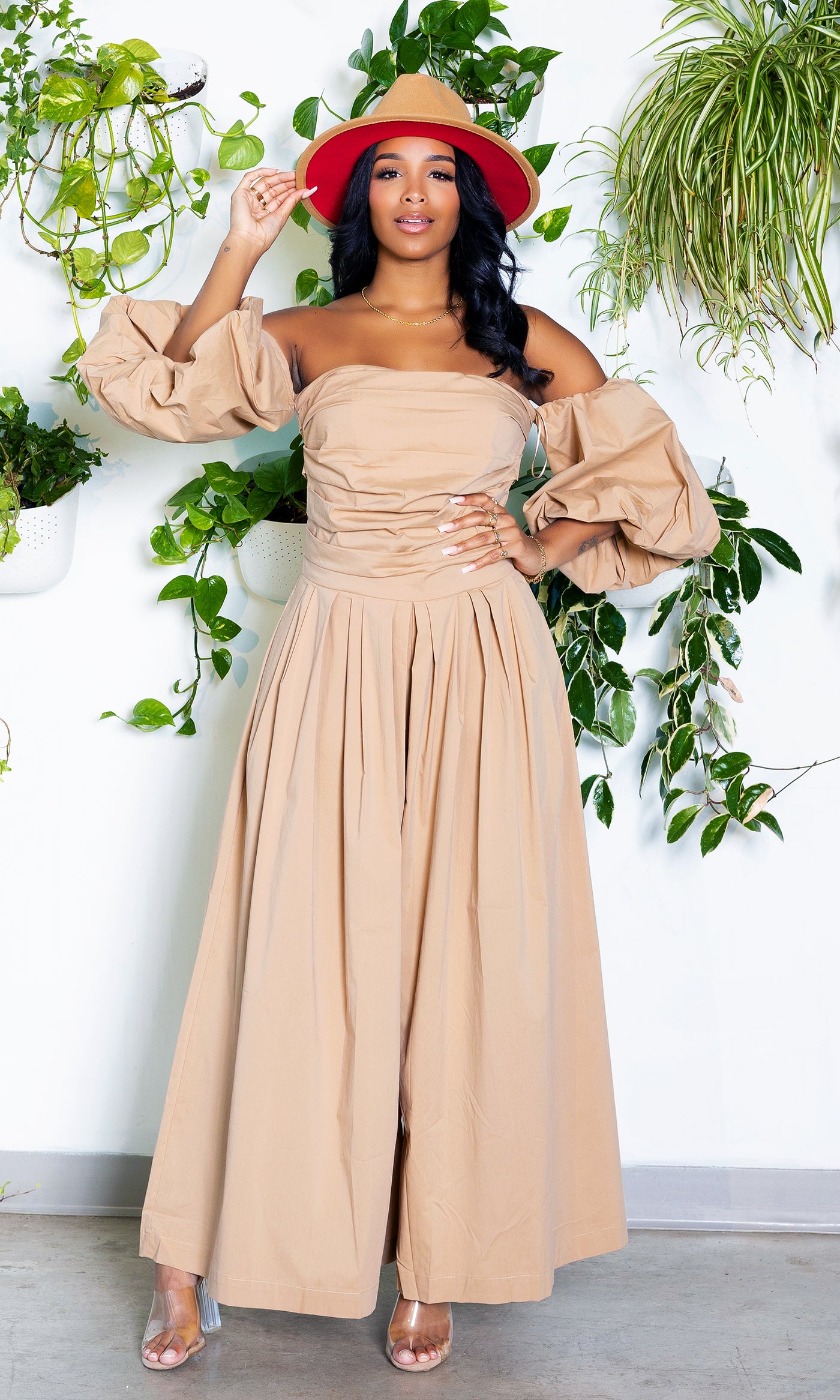 Wide Leg Off The Shoulder Jumpsuit | Tan - Cutely Covered