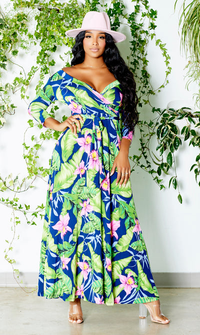 Blessed and Beautiful l Stretch Maxi Dress - Pink Lily Palm - Cutely Covered