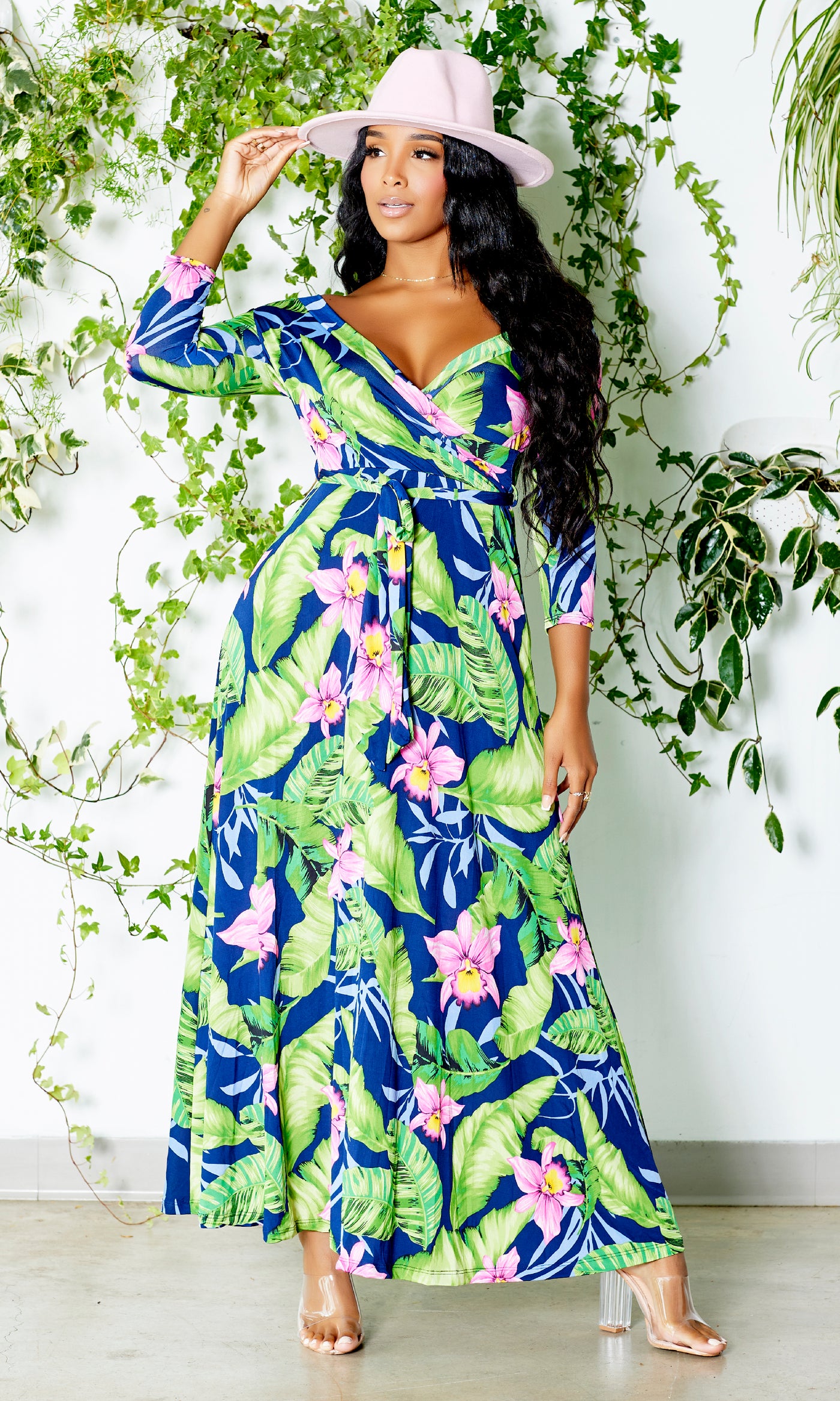 Blessed and Beautiful l Stretch Maxi Dress - Pink Lily Palm - Cutely Covered