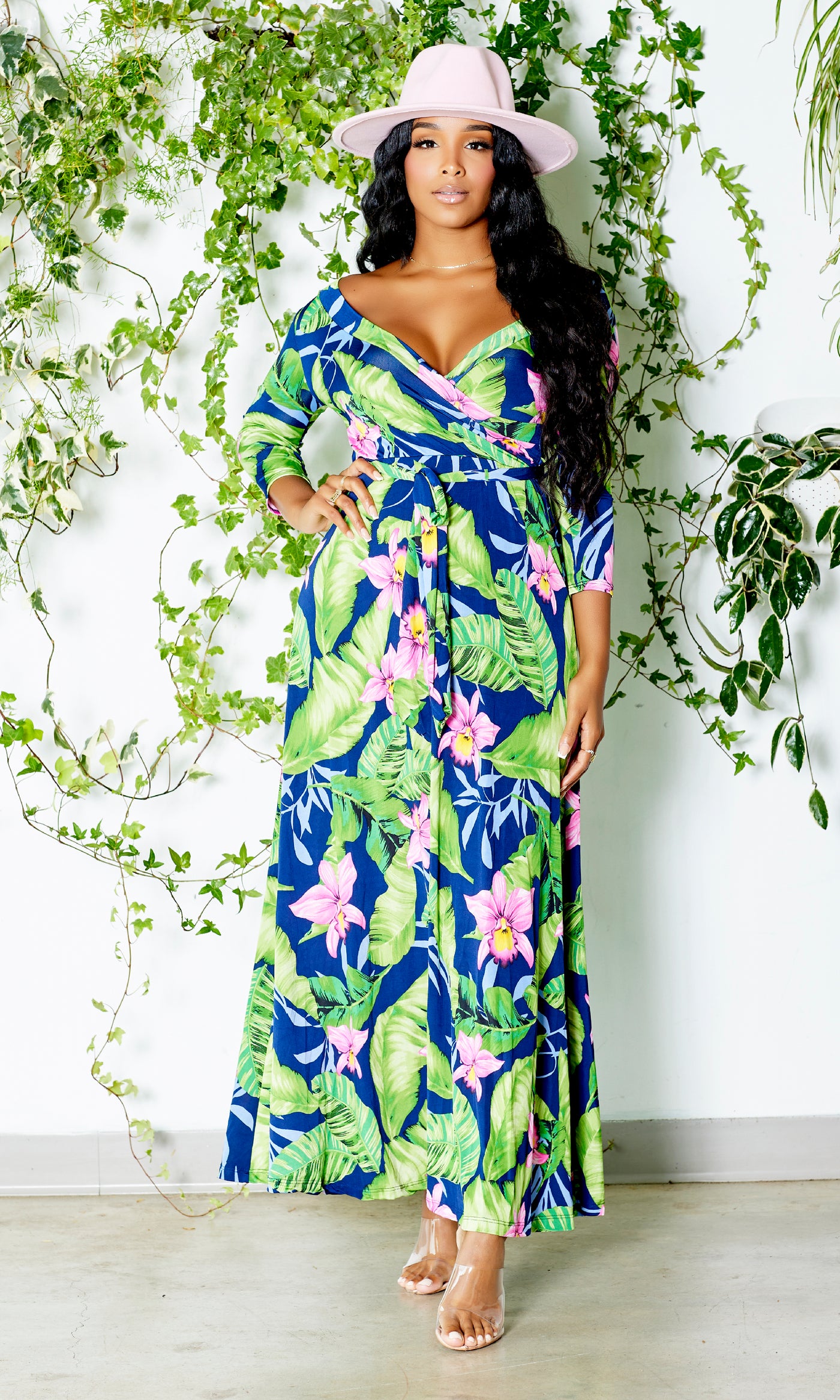 Blessed and Beautiful l Stretch Maxi Dress - Pink Lily Palm - Cutely Covered