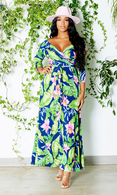 Blessed and Beautiful l Stretch Maxi Dress - Pink Lily Palm - Cutely Covered