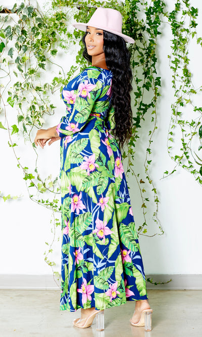 Blessed and Beautiful l Stretch Maxi Dress - Pink Lily Palm - Cutely Covered