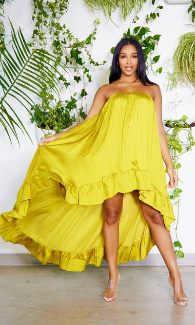 High Low Satin Dress - Chartreuse - Cutely Covered