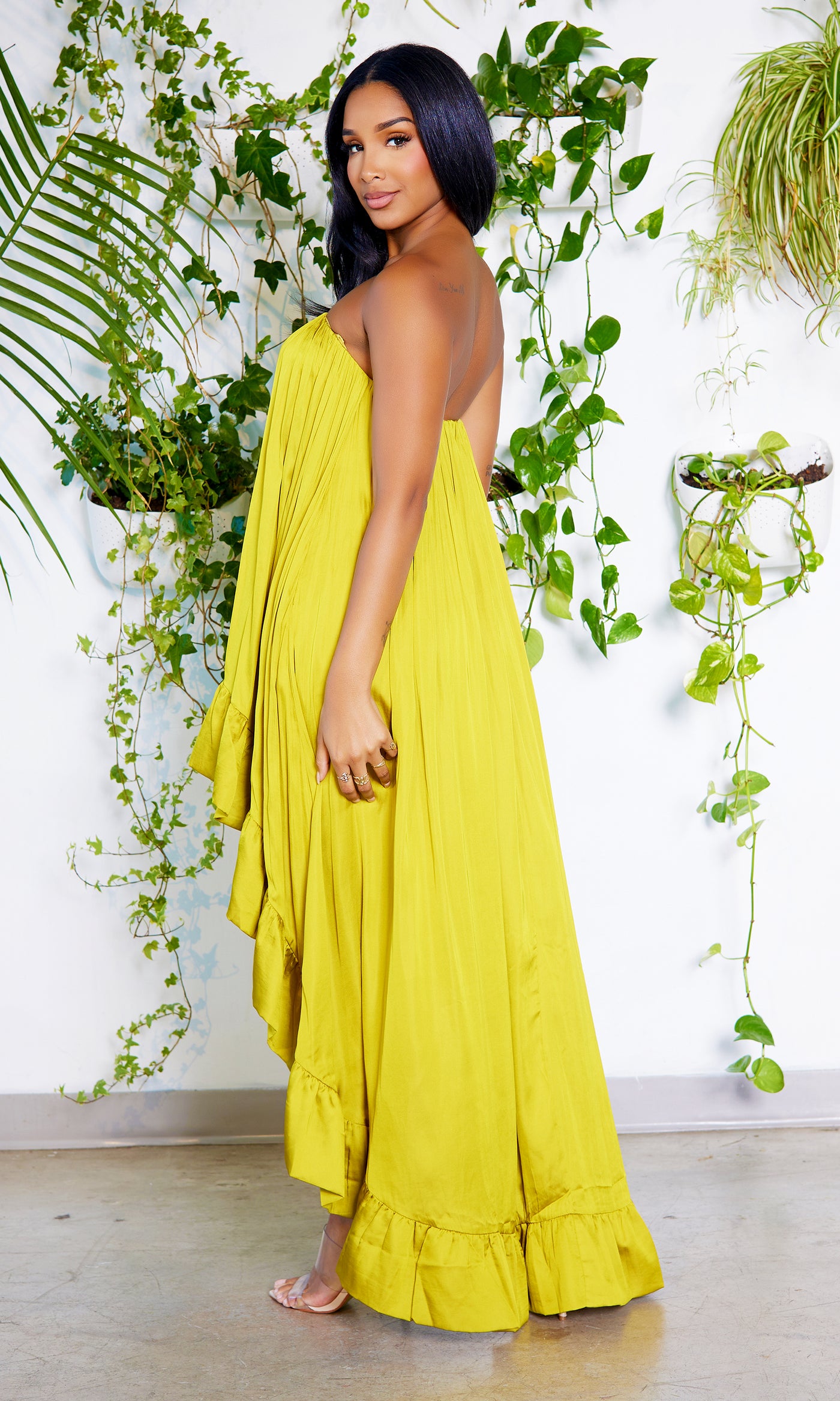 High Low Satin Dress - Chartreuse - Cutely Covered