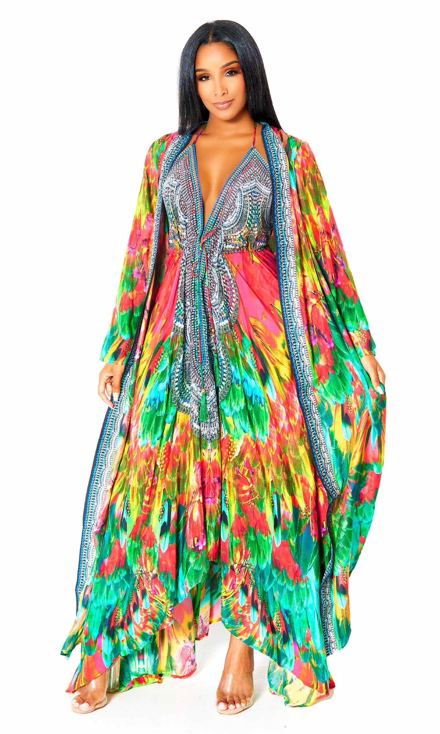 Macaw Viscose Silk Halter Dress - Cutely Covered