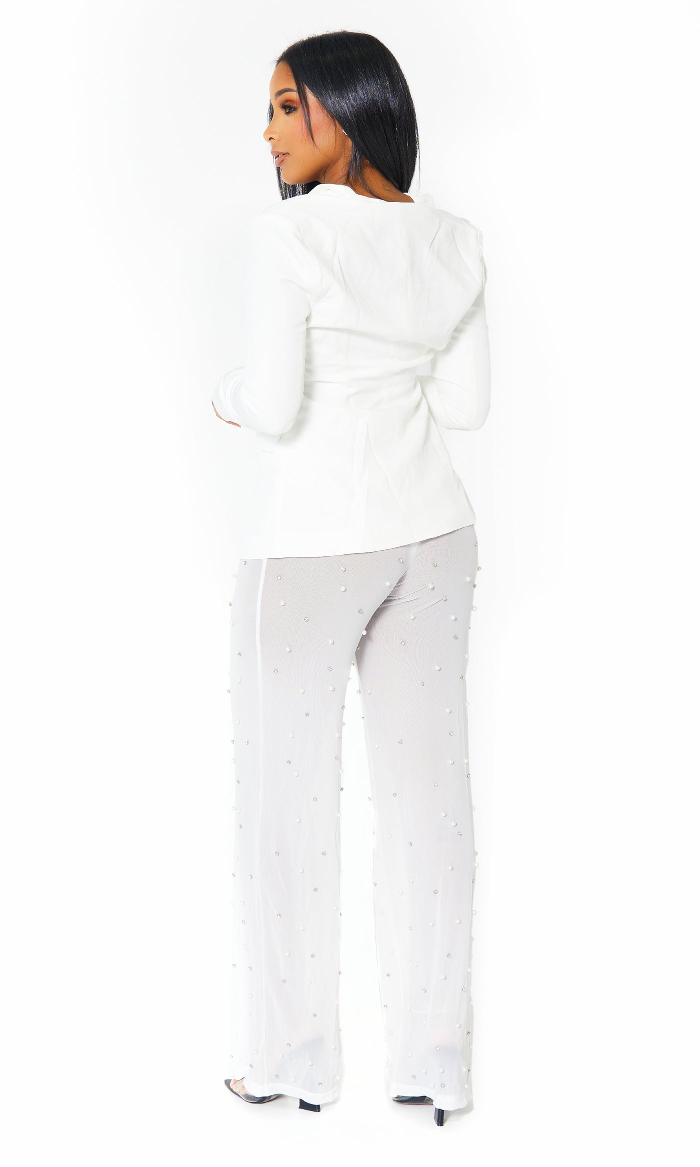 Blazer Set Mesh Pants White - Cutely Covered