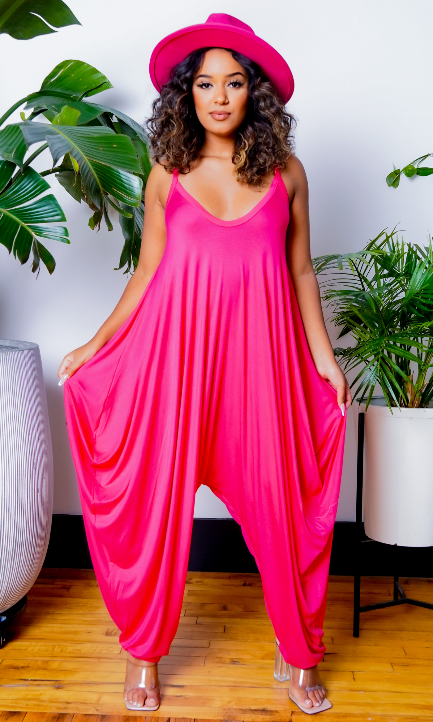 Long V Neck Harem Jumpsuit - Fuchsia - Cutely Covered