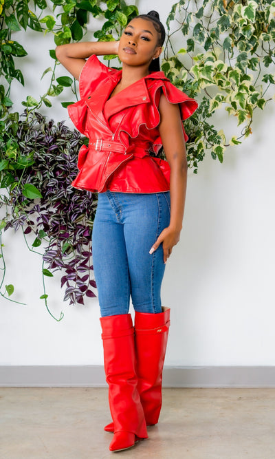 Going Live Sleeveless Vegan Leather Ruffle Jacket - Red - Cutely Covered