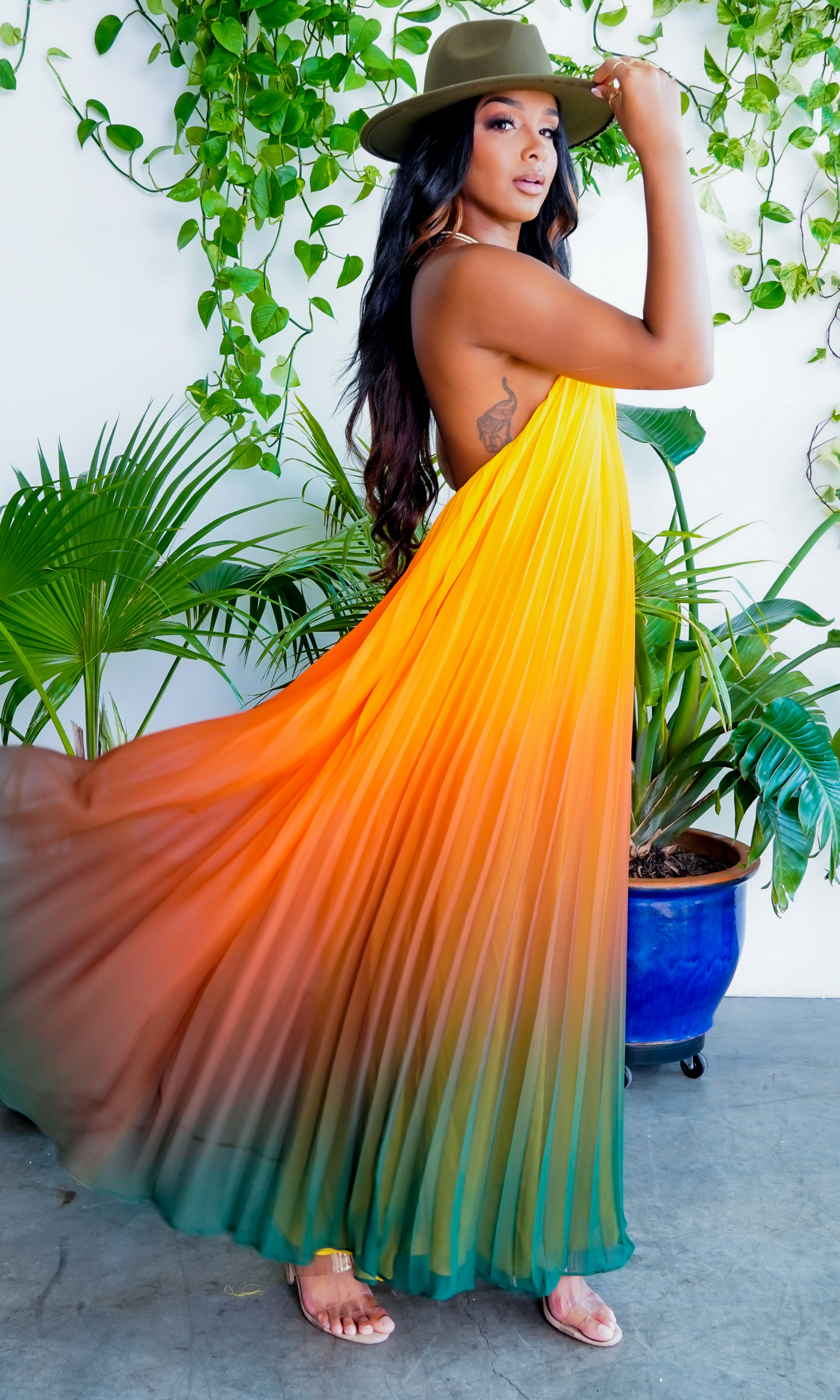 Ombre Sunset Pleated Halter Dress | Maxi Dress - Cutely Covered