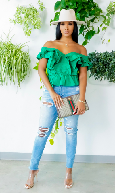 Emerald Green off the shoulder top - Cutely Covered