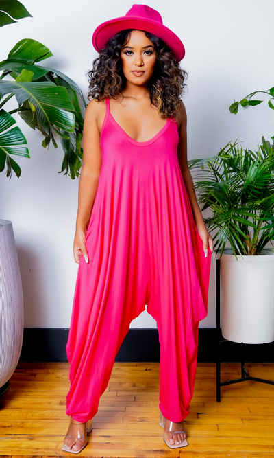 Long V Neck Harem Jumpsuit - Fuchsia - Cutely Covered