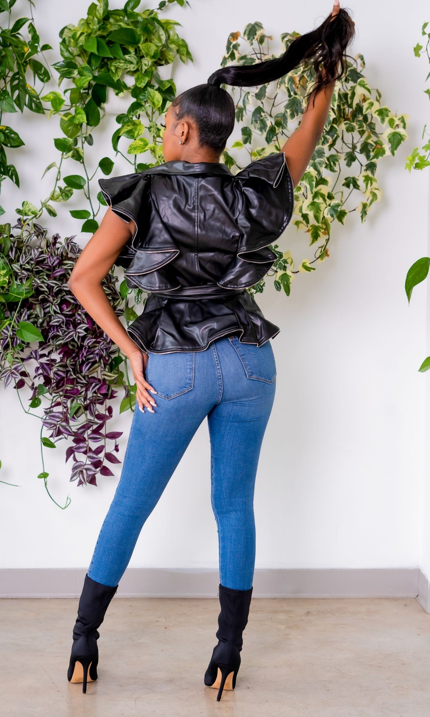 Going Live Sleeveless Vegan Leather Ruffle Jacket - Black - Cutely Covered