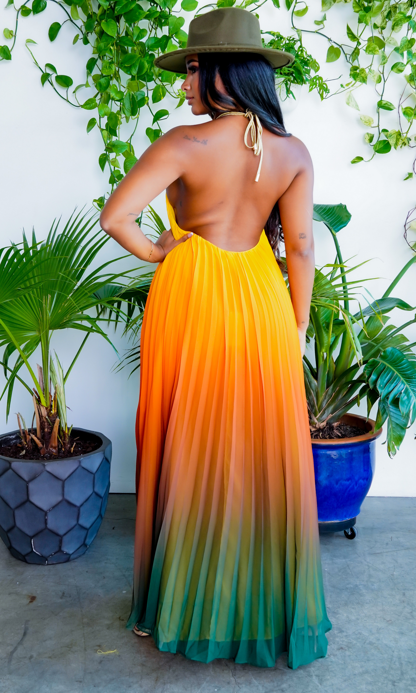 Ombre Sunset Pleated Halter Dress | Maxi Dress - Cutely Covered