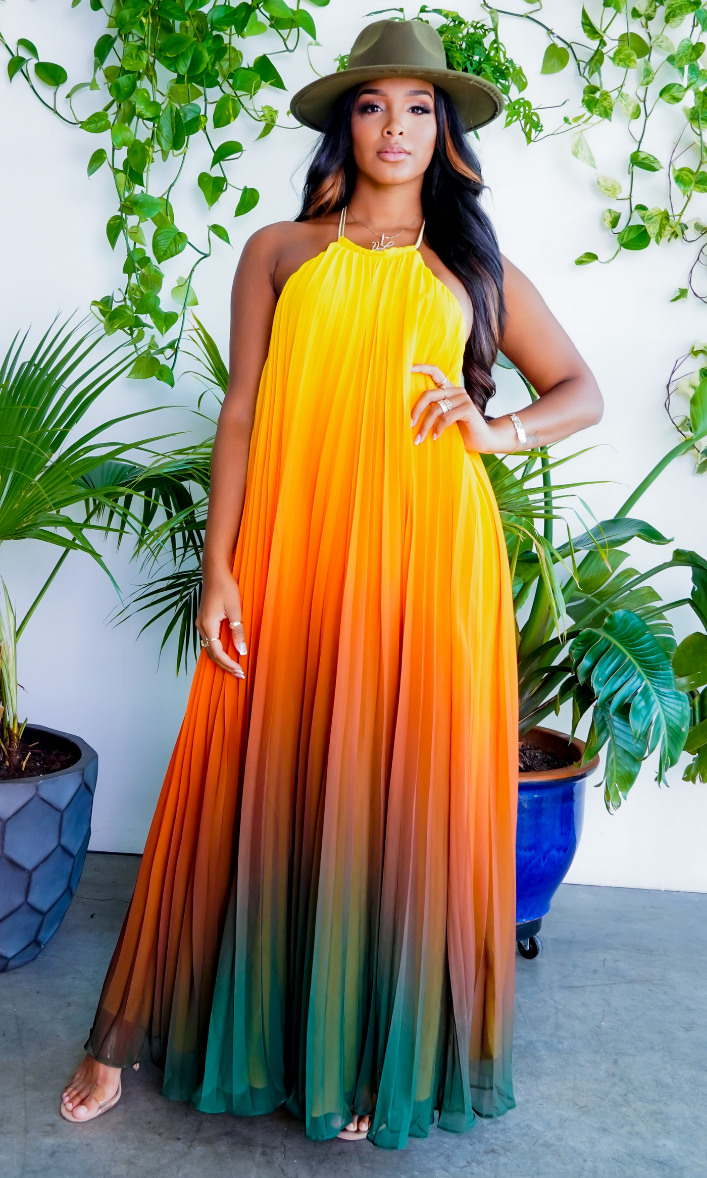 Ombre Sunset Pleated Halter Dress | Maxi Dress - Cutely Covered