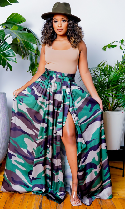 Camo Olive Multi Printed Maxi Skirt - Cutely Covered