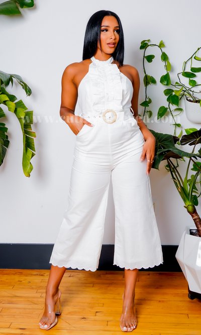 Ruffle Halter Jumpsuit Off White - Cutely Covered