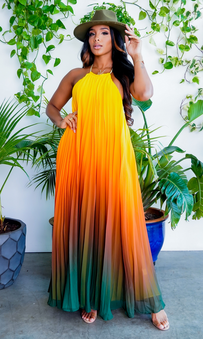 Ombre Sunset Pleated Halter Dress | Maxi Dress - Cutely Covered