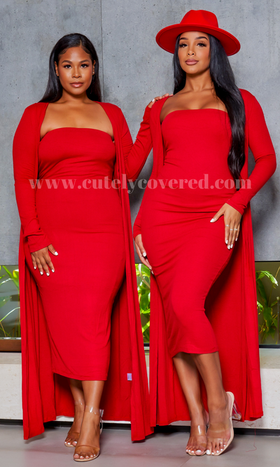 Slay Bae | Cardigan Dress Set - Red (3/4 sleeve) PREORDER Ships June 30th - Cutely Covered