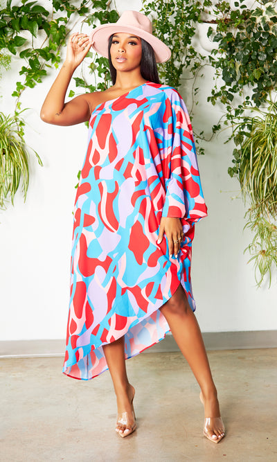 Asymmetrical One Sleeve Dress - Blue Print - Cutely Covered