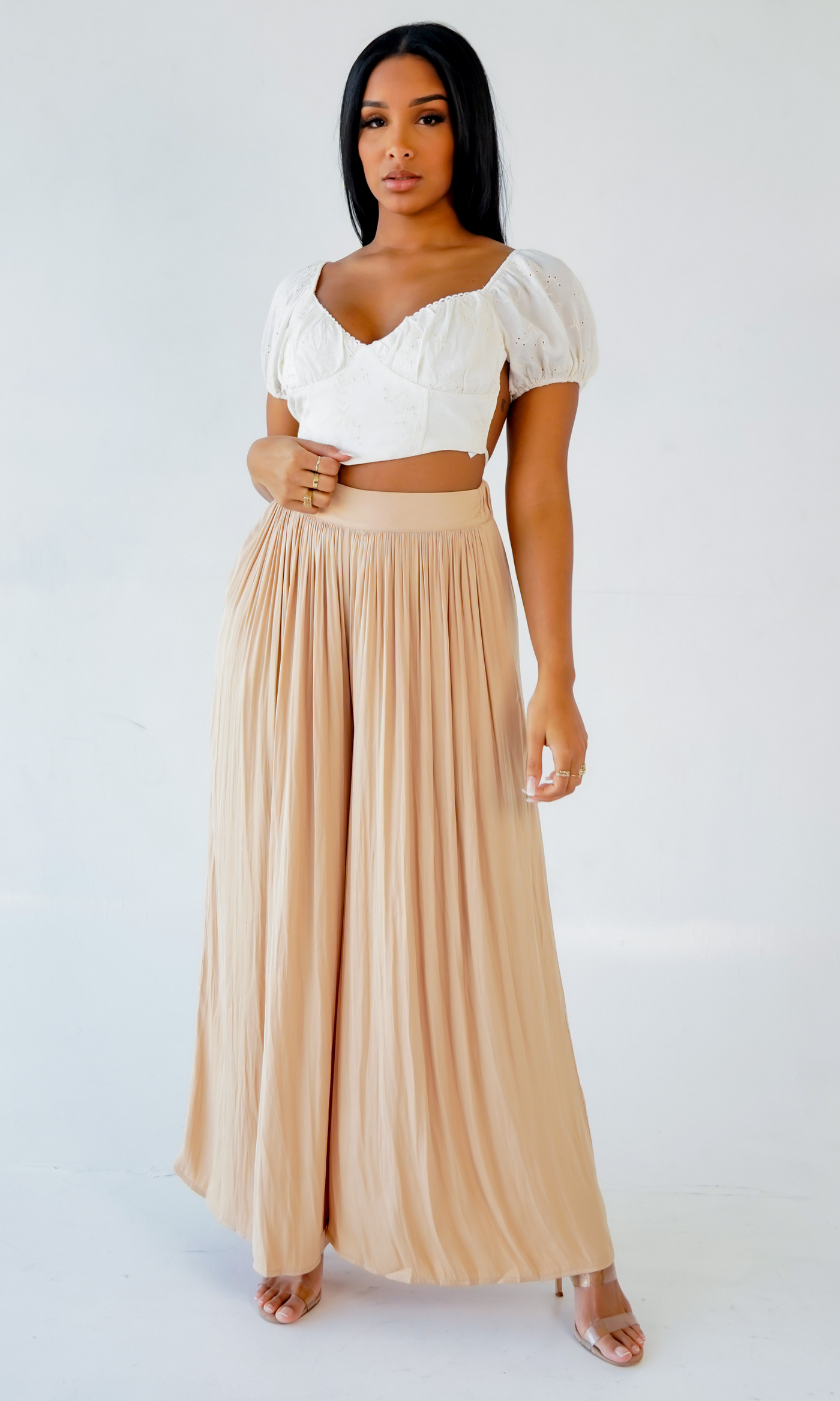 Flowy High Waisted Pants - Light Taupe - Cutely Covered