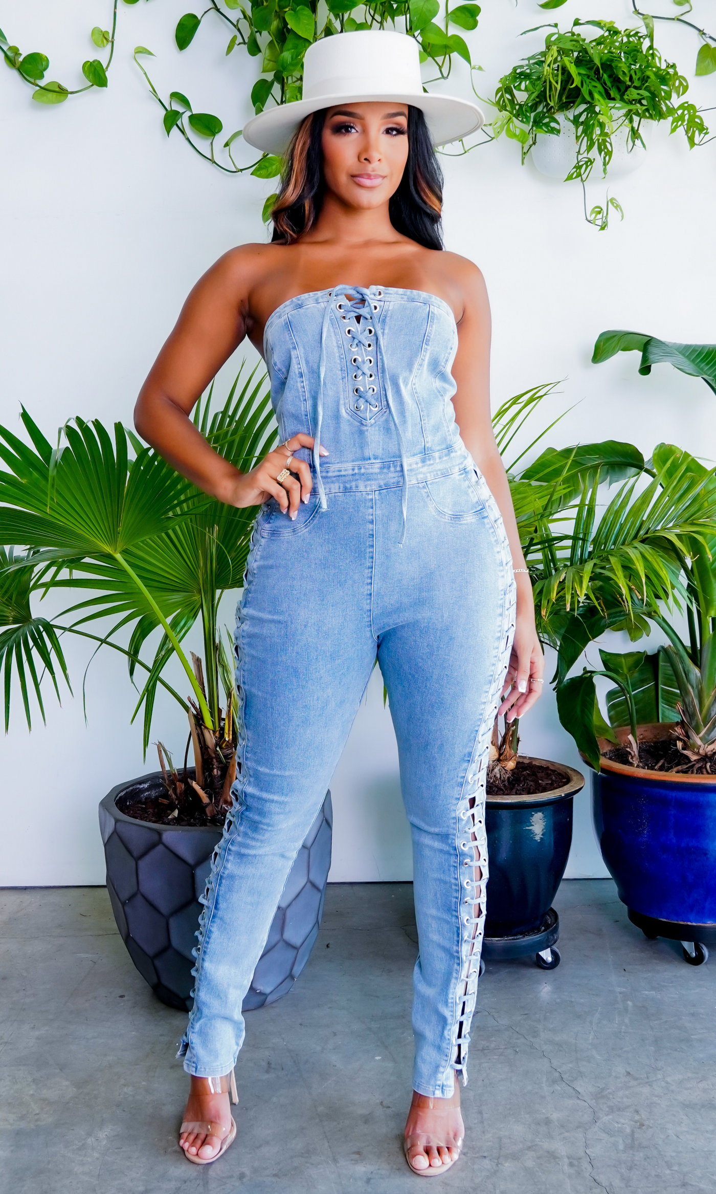 Lace Up Denim Jumpsuit - Cutely Covered