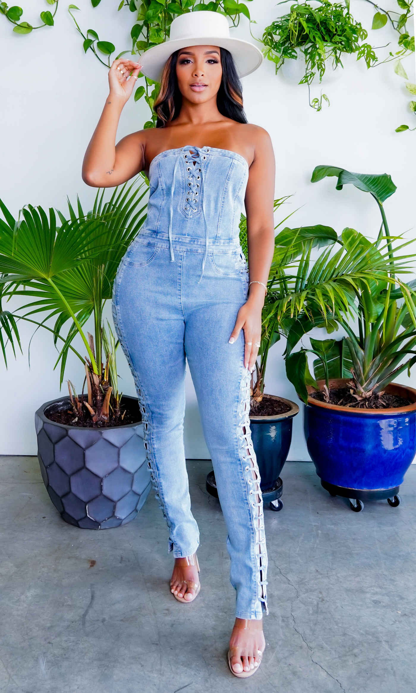 Lace Up Denim Jumpsuit - Cutely Covered