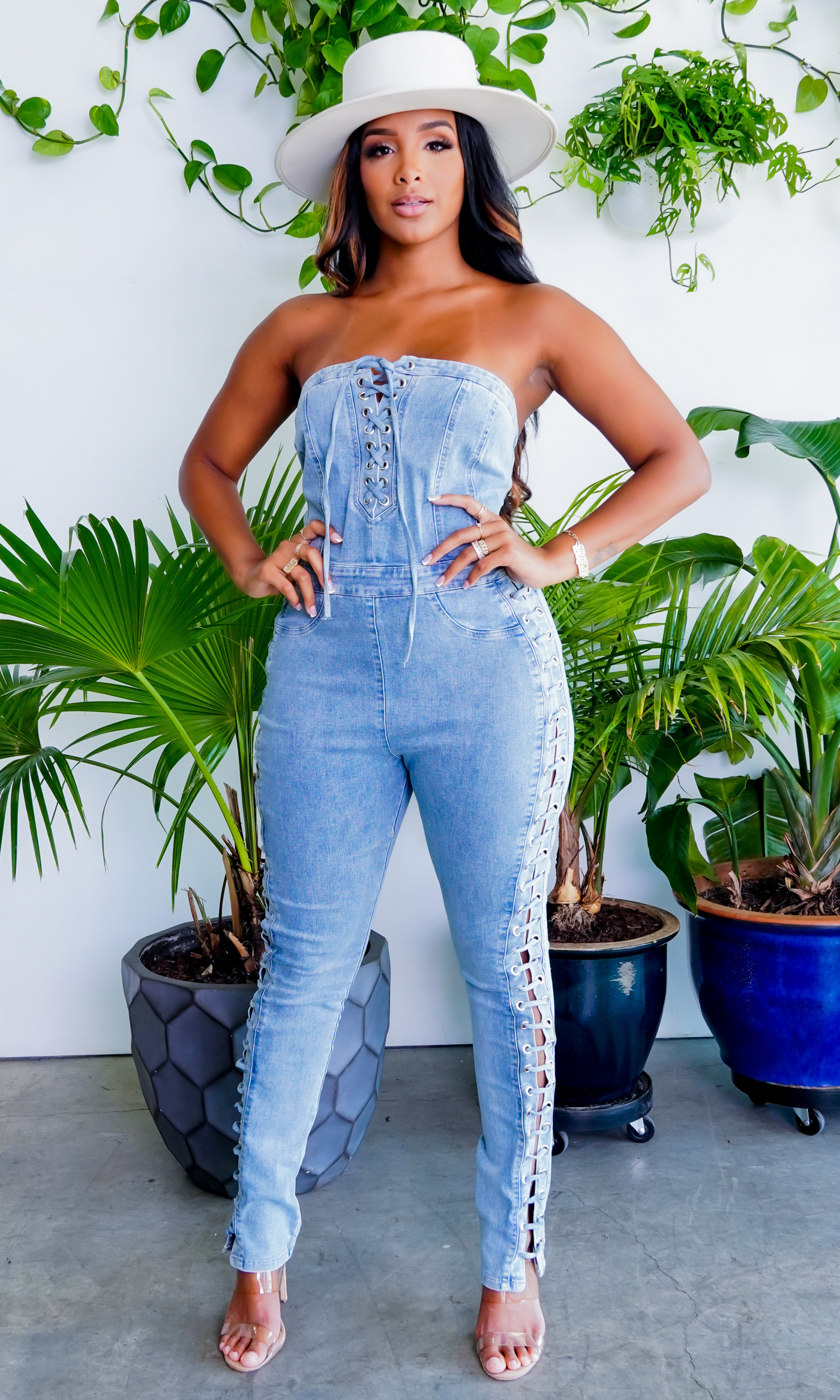 Lace Up Denim Jumpsuit - Cutely Covered