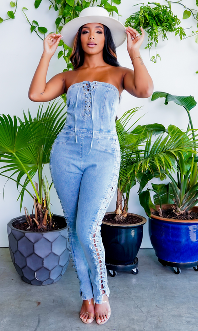 Lace Up Denim Jumpsuit - Cutely Covered