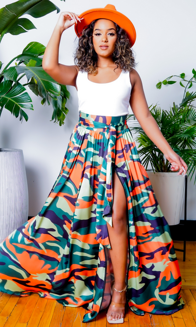 Camo Green Multi Printed Maxi Skirt - Cutely Covered