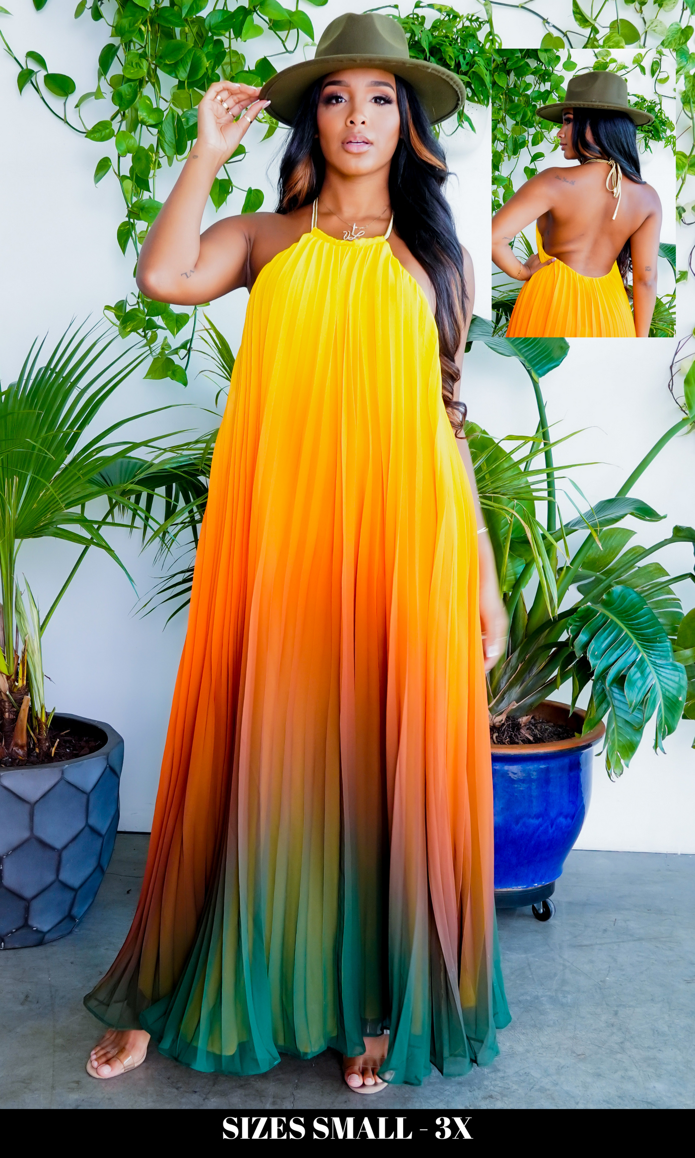 Ombre Sunset Pleated Halter Dress | Maxi Dress - Cutely Covered