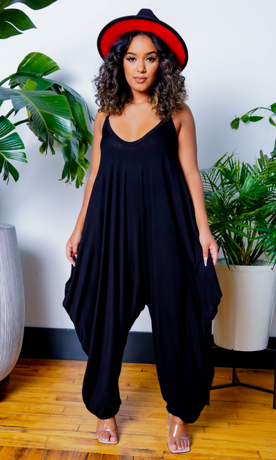 Long V Neck Harem Jumpsuit - Black - Cutely Covered