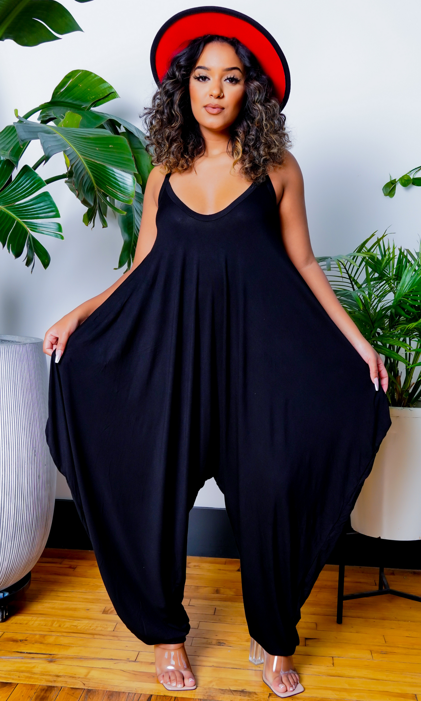 Long V Neck Harem Jumpsuit - Black - Cutely Covered